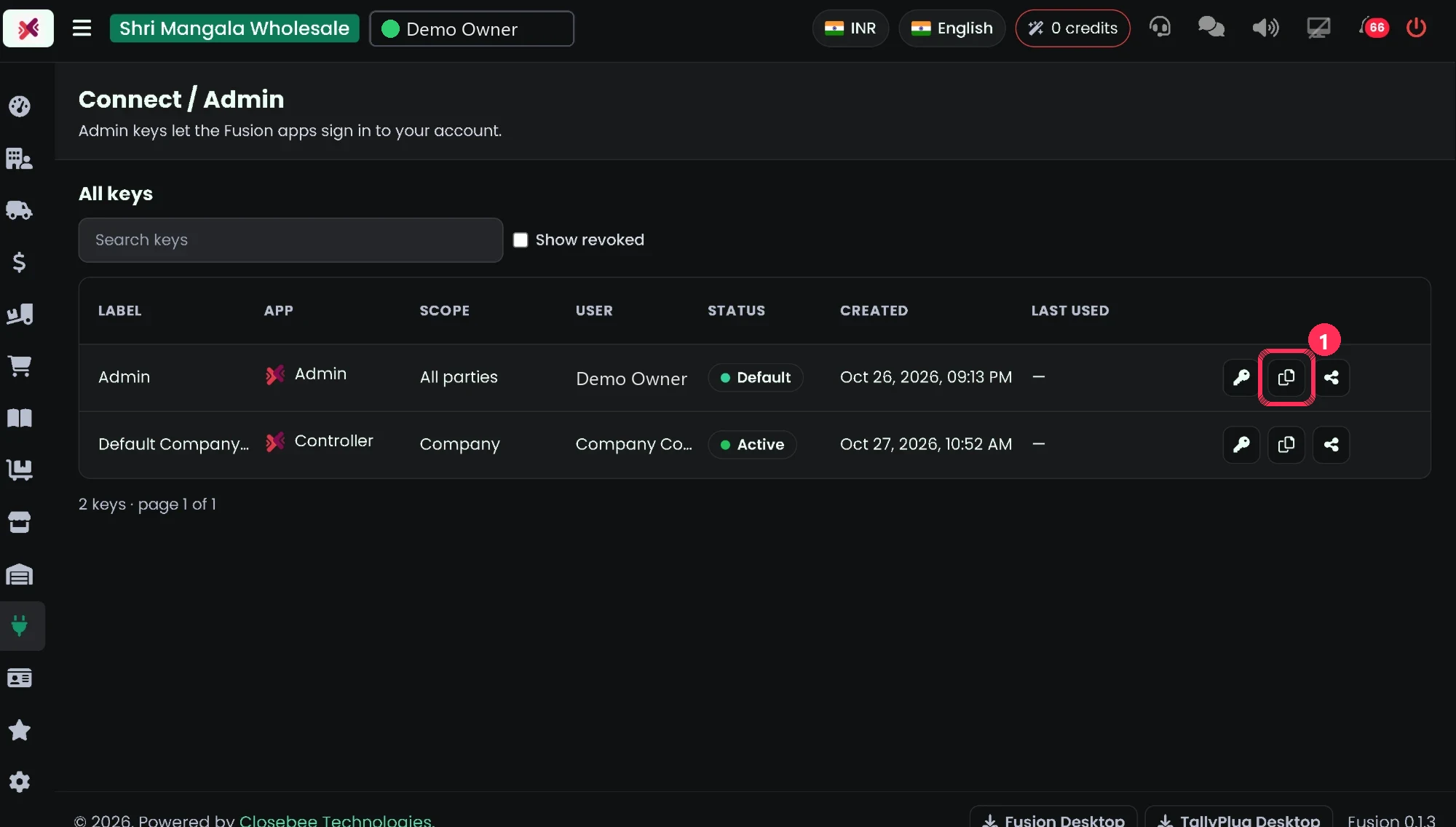 Connect Admin key list with the Copy button of the Admin row ringed