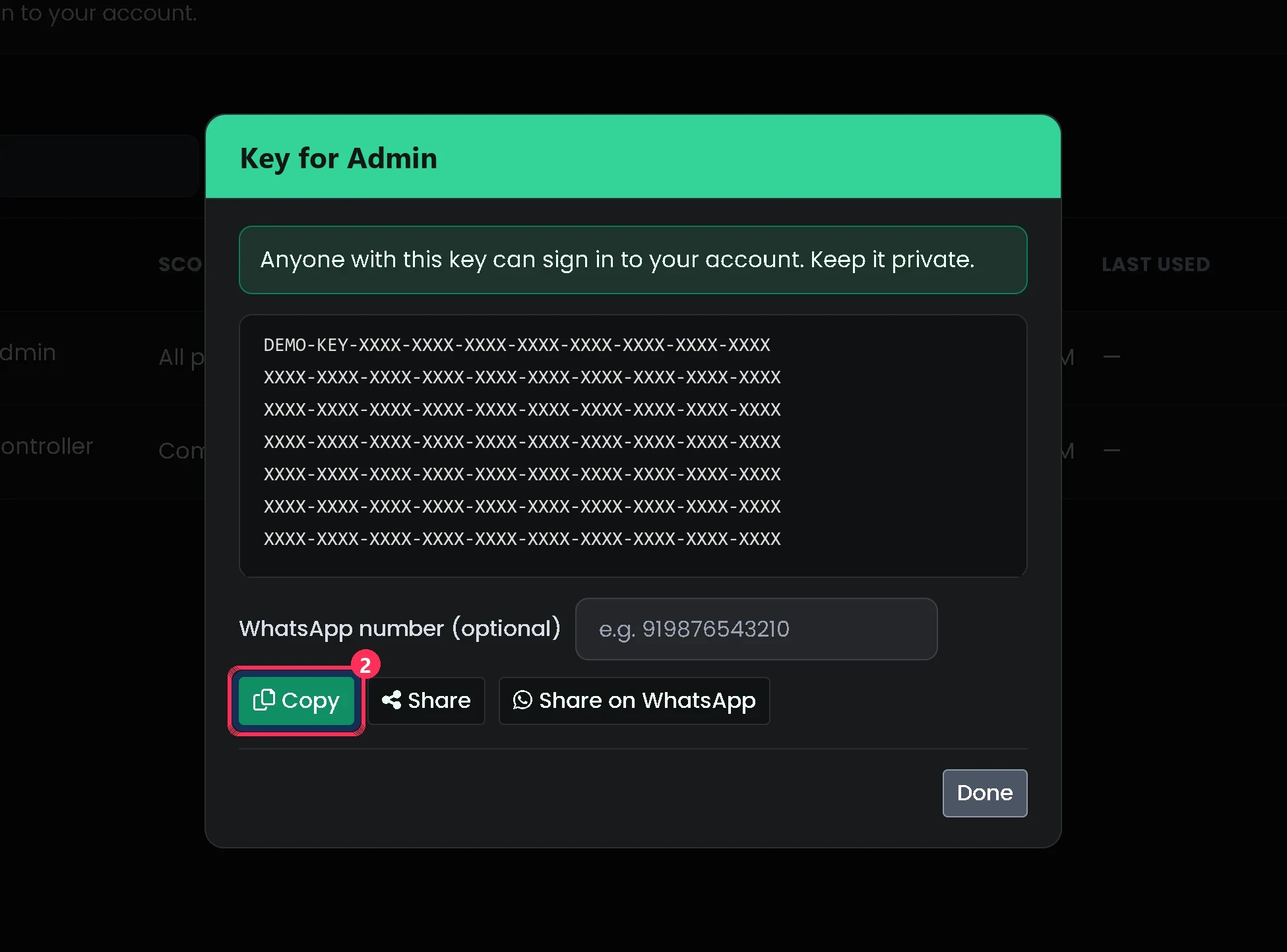 Key for Admin window with the Copy button ringed