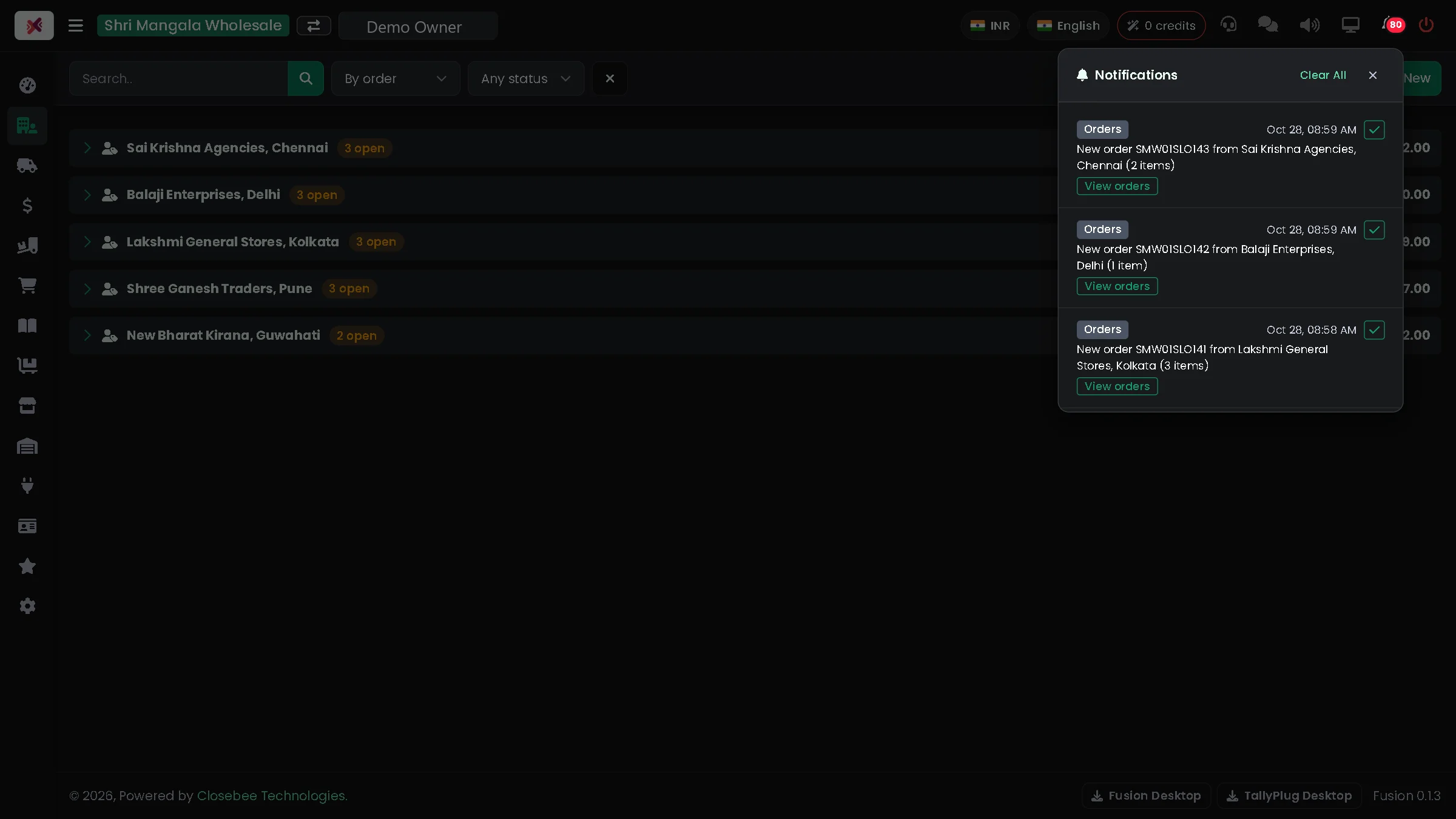 Notifications with new orders and View orders