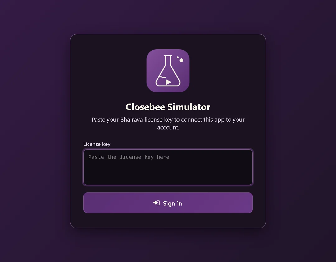 Closebee Simulator sign-in with the License key box