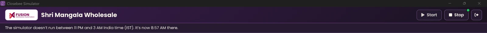 Simulator top bar with Start and Stop