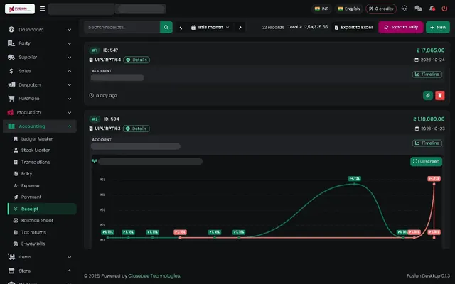 Fusion screenshot: Receipts and timeline