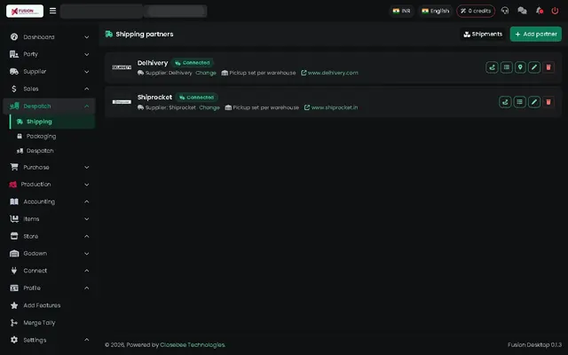 Fusion screenshot: Shipping partners