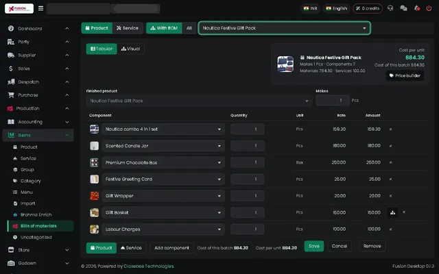 Fusion screenshot: Bill of materials as a table