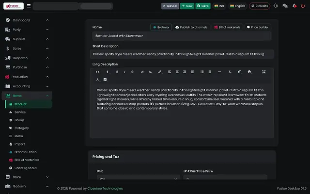 Fusion screenshot: Product editor