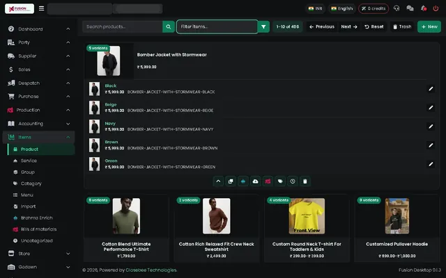 Fusion screenshot: Sizes and colours