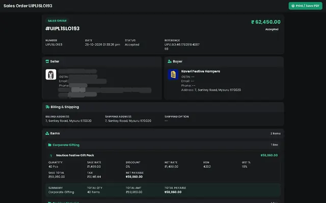 Fusion screenshot: Order document