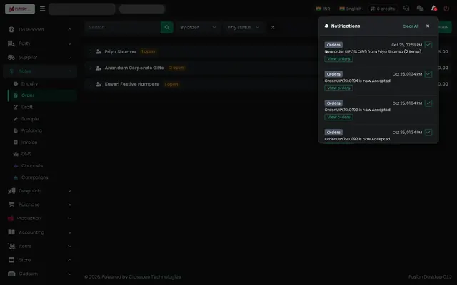 Fusion screenshot: New order alerts