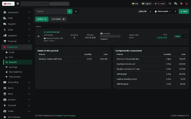 Fusion screenshot: Production records