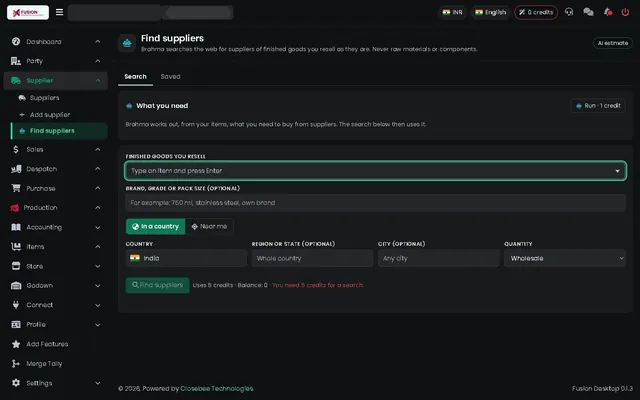 Fusion screenshot: Find suppliers