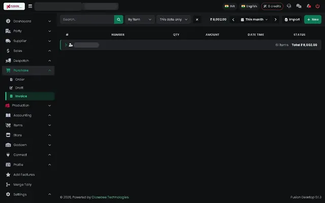 Fusion screenshot: Purchase invoices
