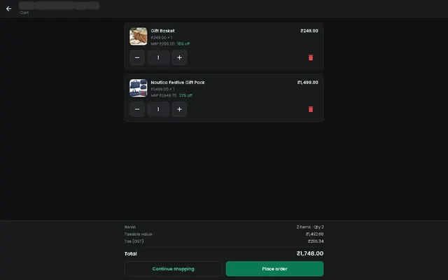 Fusion screenshot: Customer cart