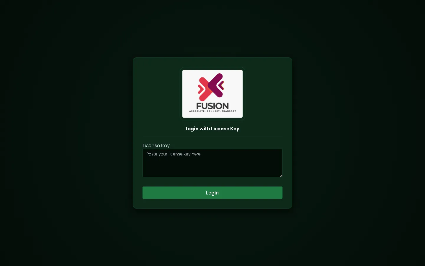 Fusion sign-in page with a licence key box