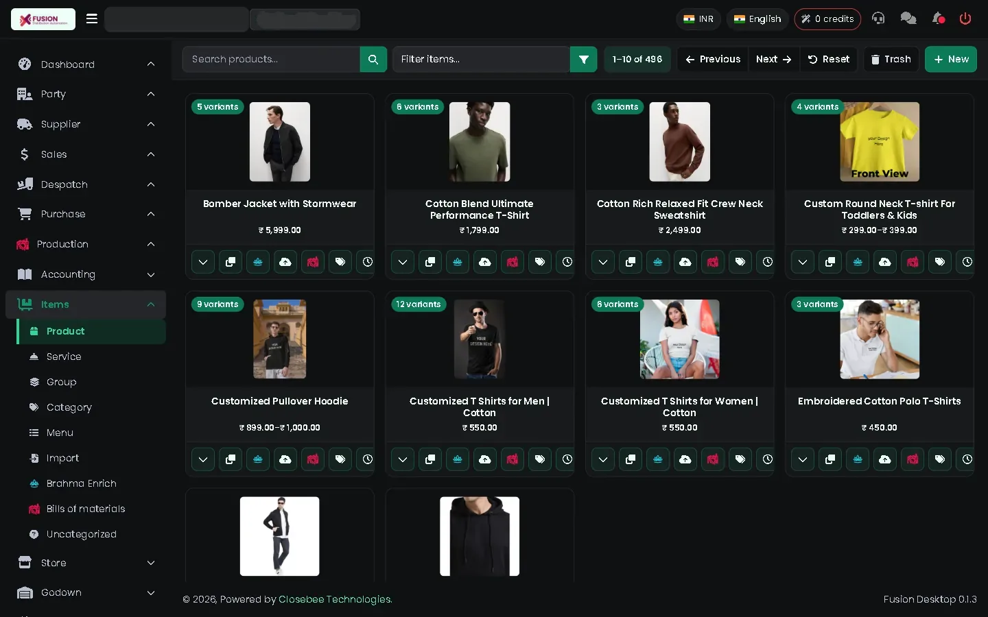 Product list with search, filters and a New button
