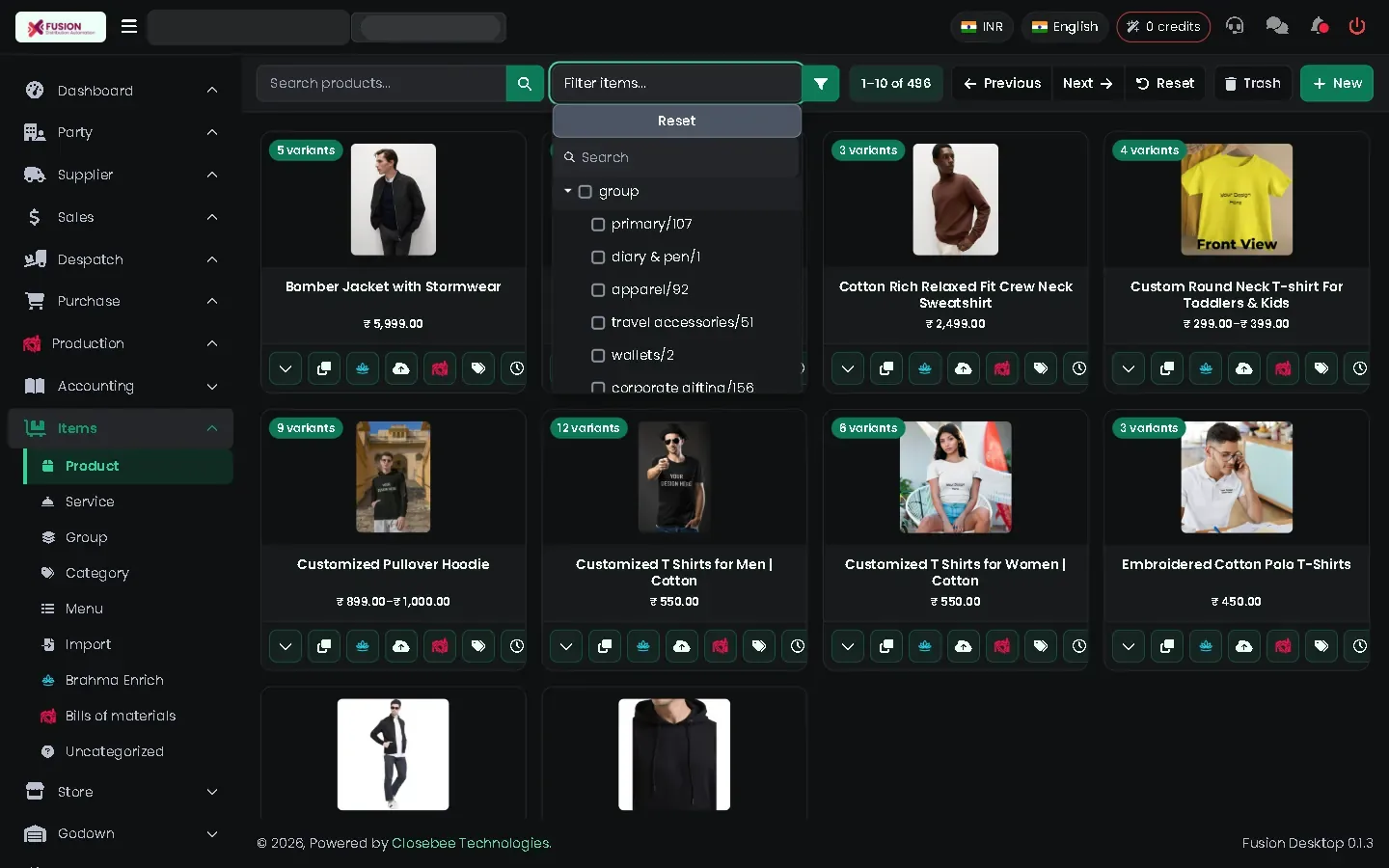 Filter items menu open over the product list