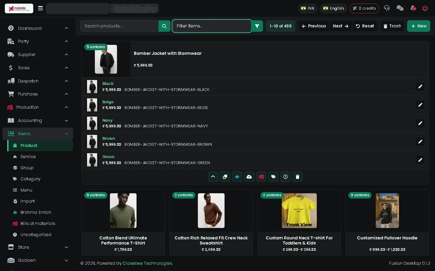 Product list with a product's variants expanded