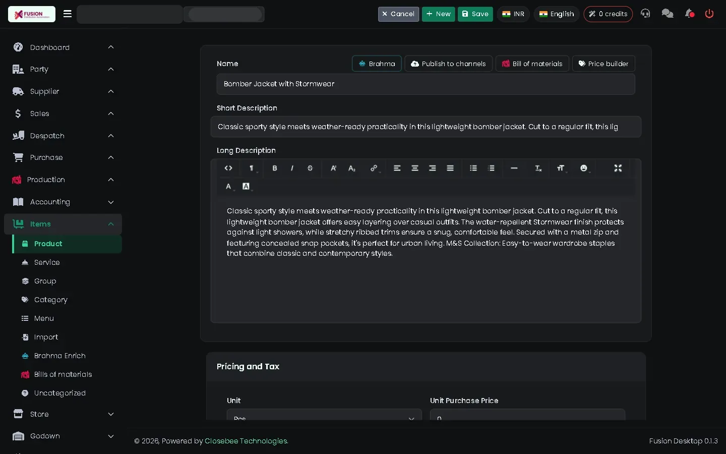 Product edit form
