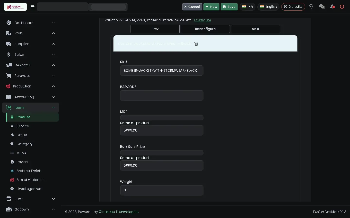 Variants list inside the product form