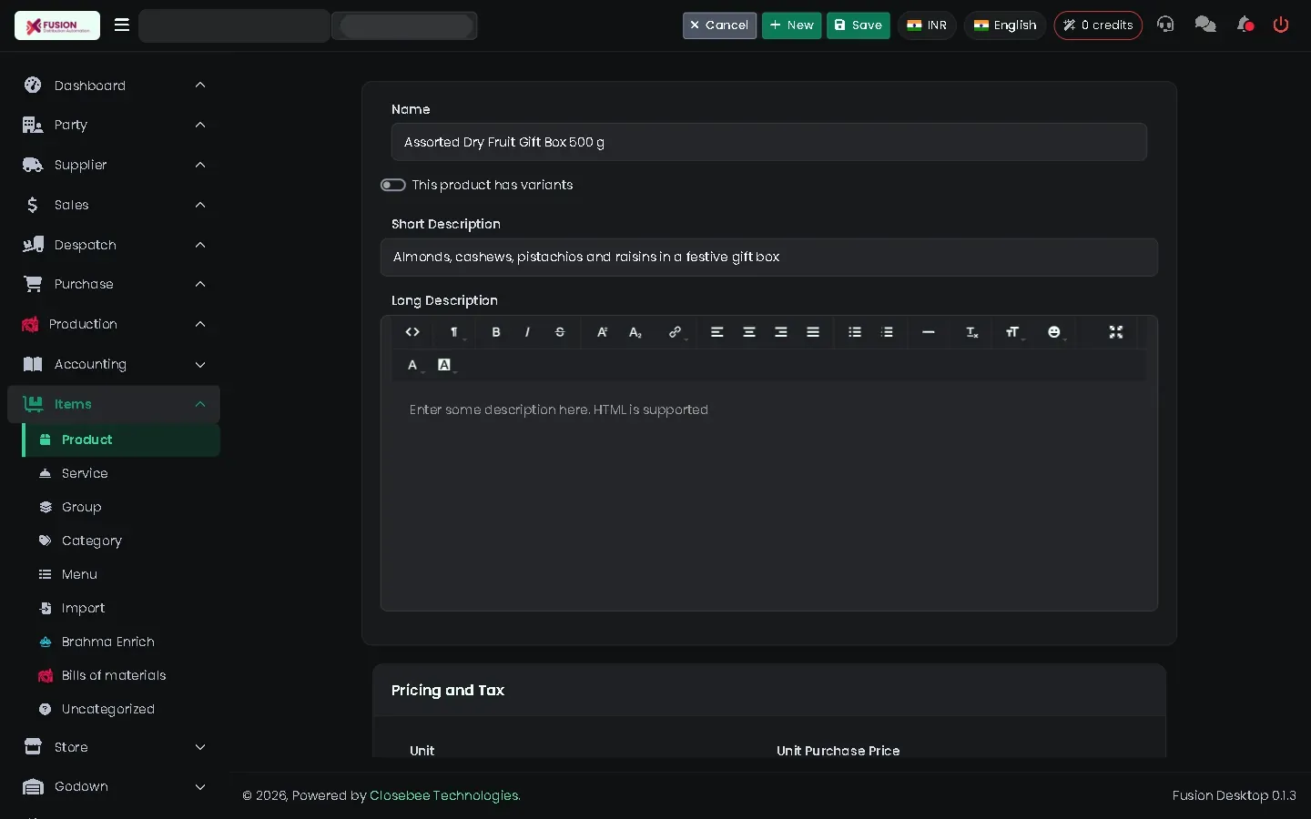 New product form with name and description filled in