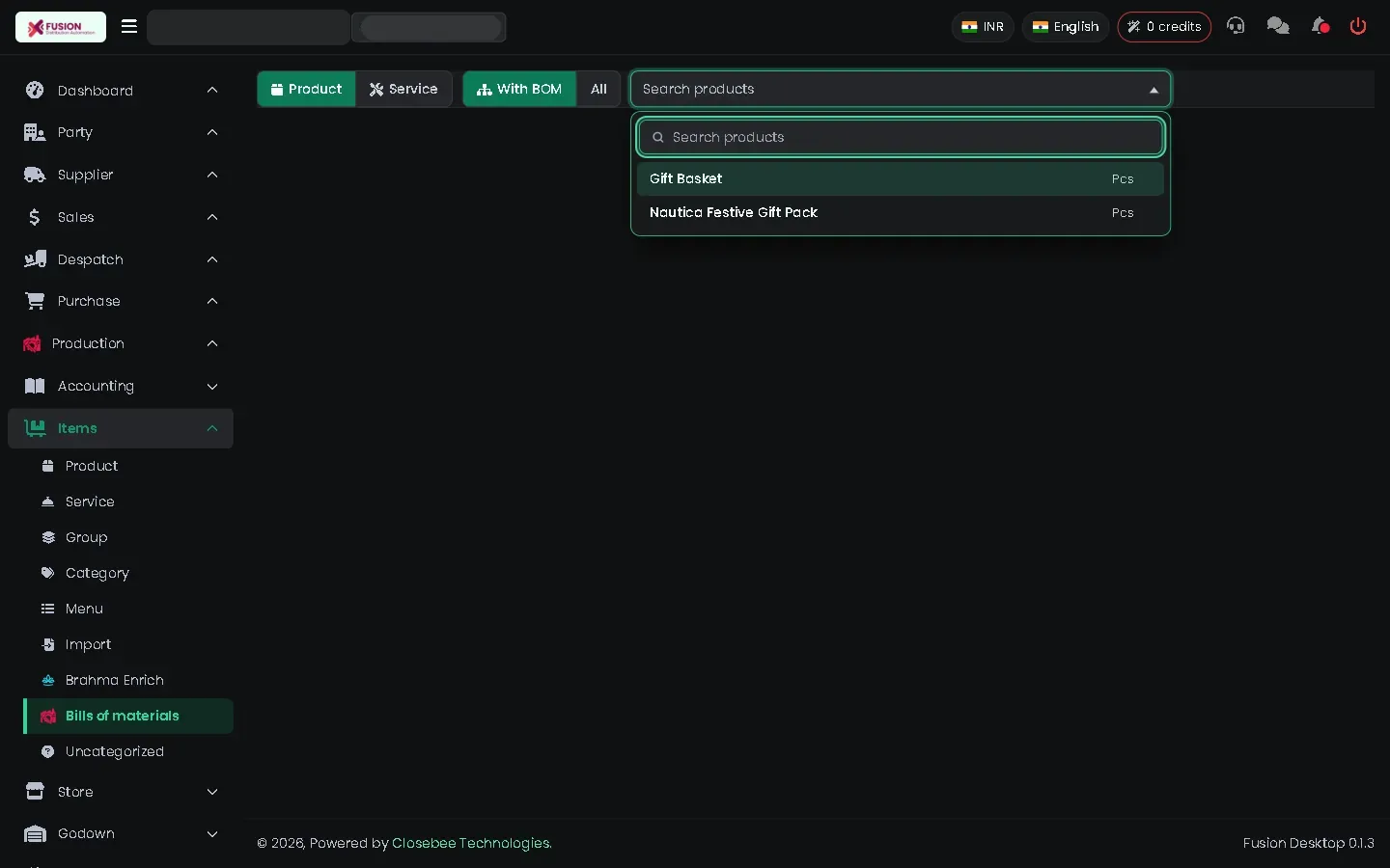 Bills of materials page with the item picker