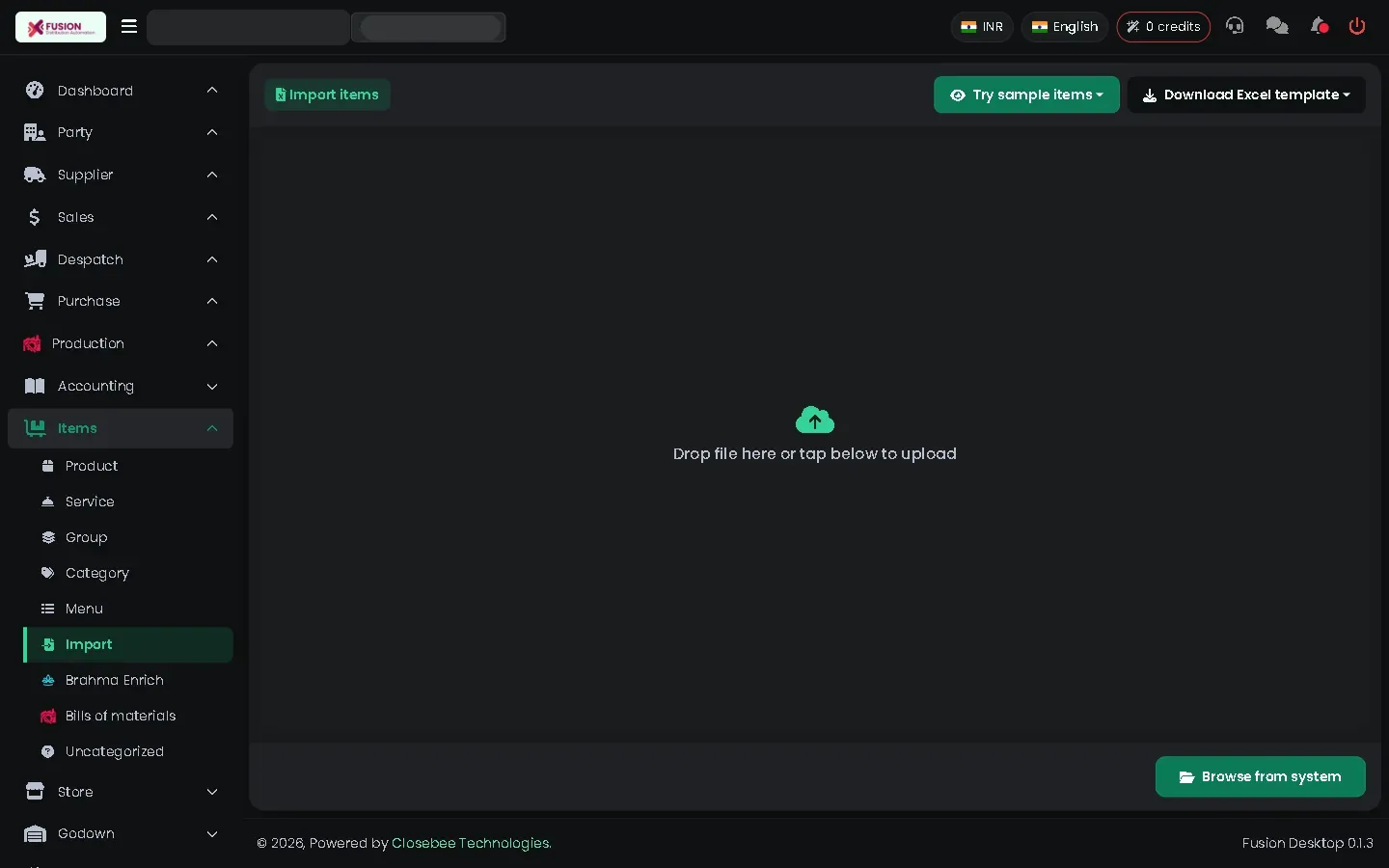Import page for a spreadsheet of items