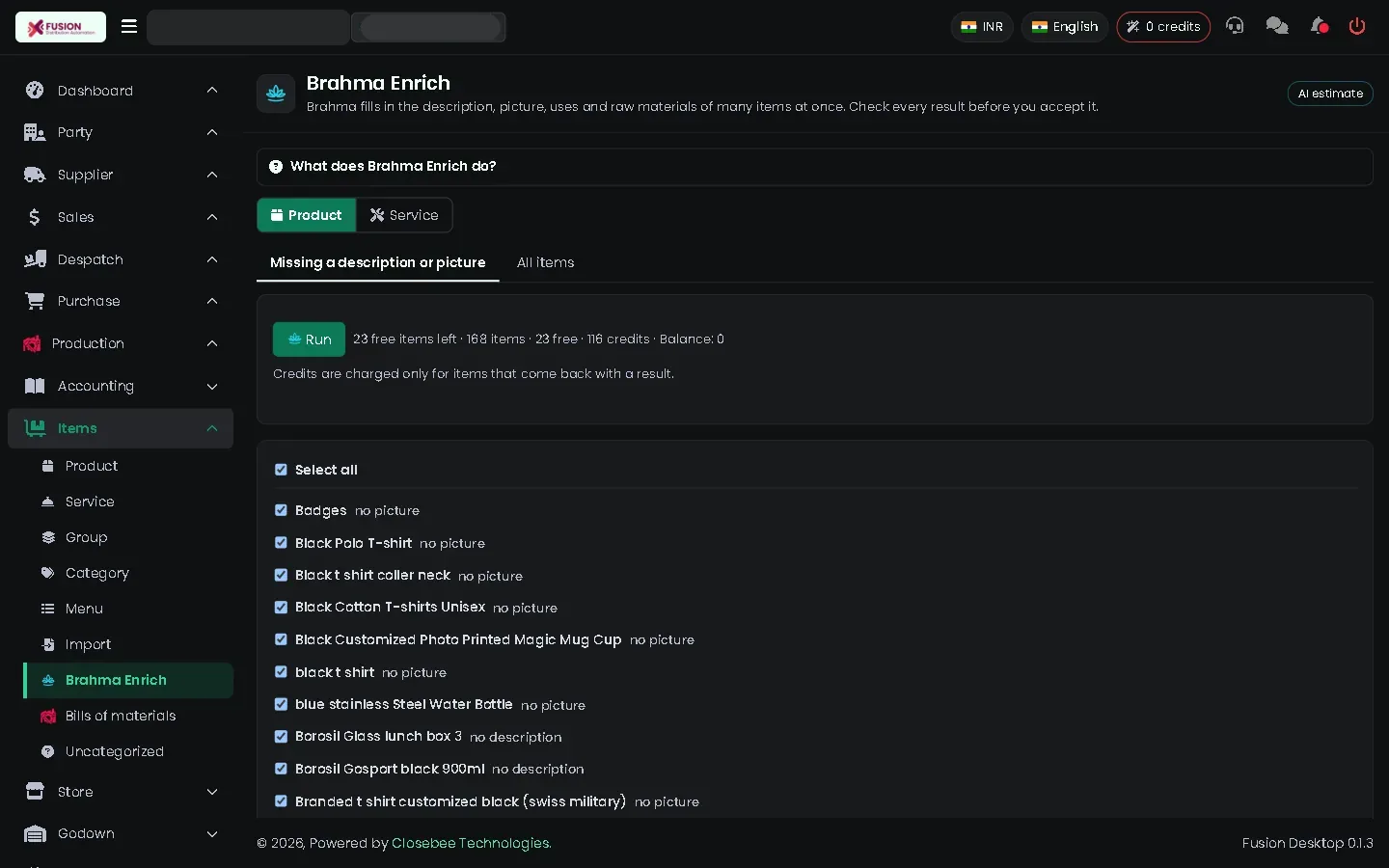 Brahma Enrich page listing items without descriptions or pictures