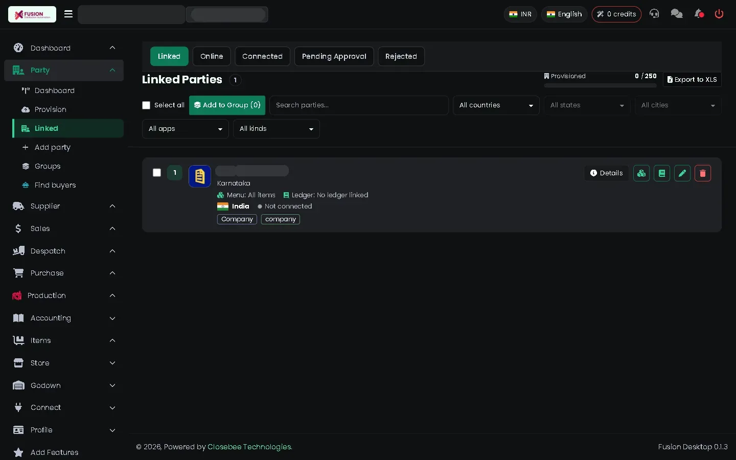 Linked parties list with status tabs and filters