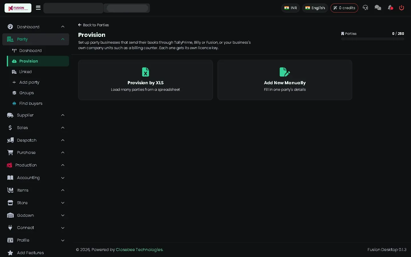 Provision page for setting up party businesses