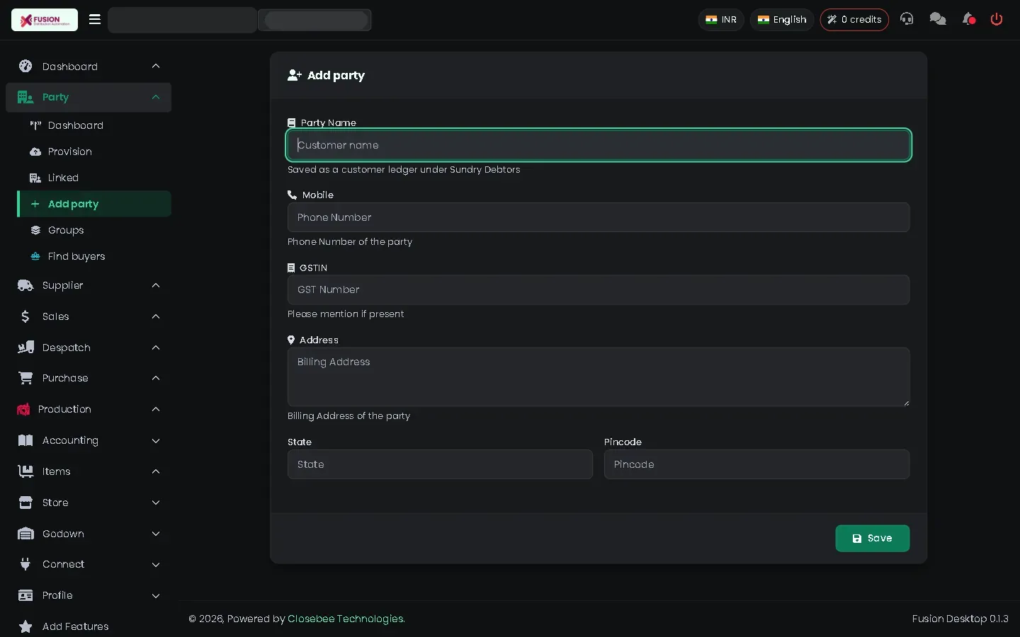 Empty add party form