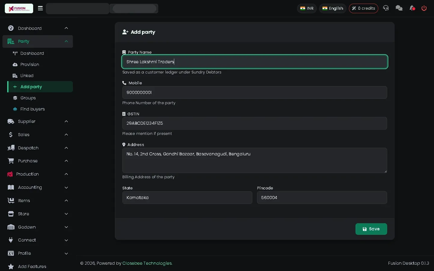 Add party form filled in with name, mobile, GSTIN and address