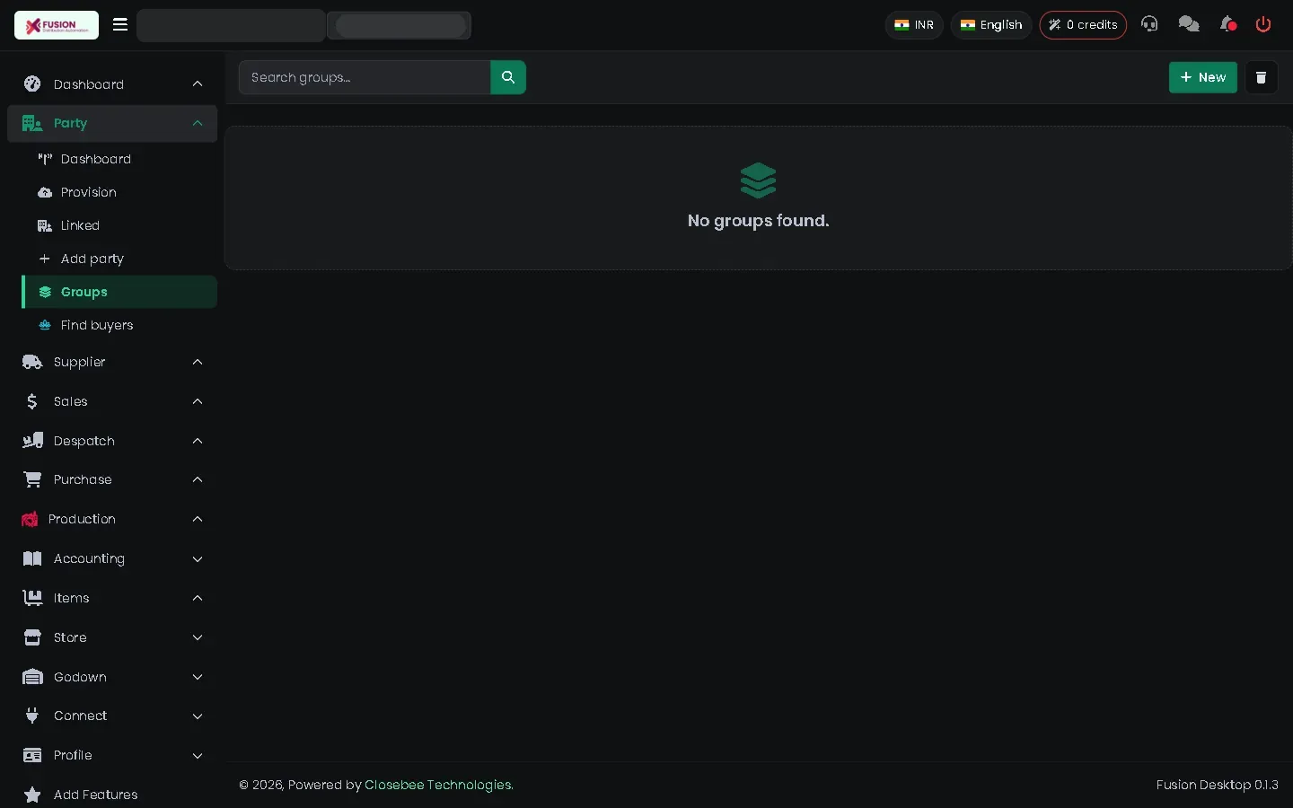 Party groups page with a New button