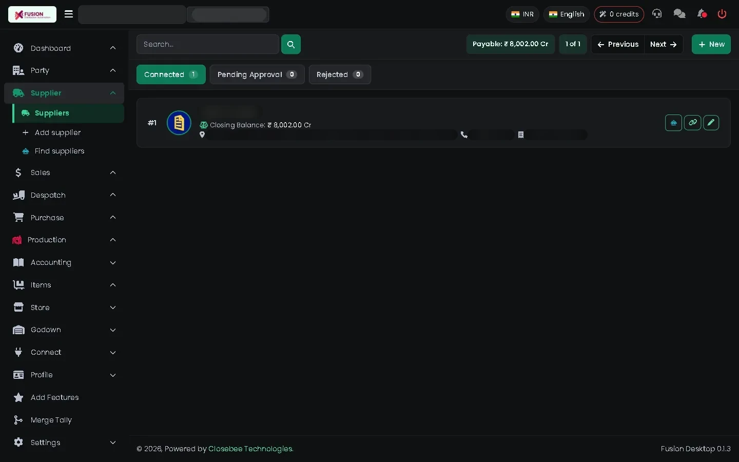 Supplier list with balances and Edit buttons