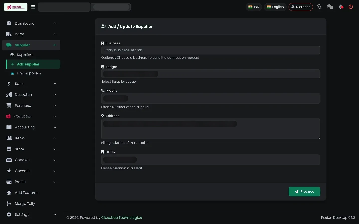 Add supplier form filled in
