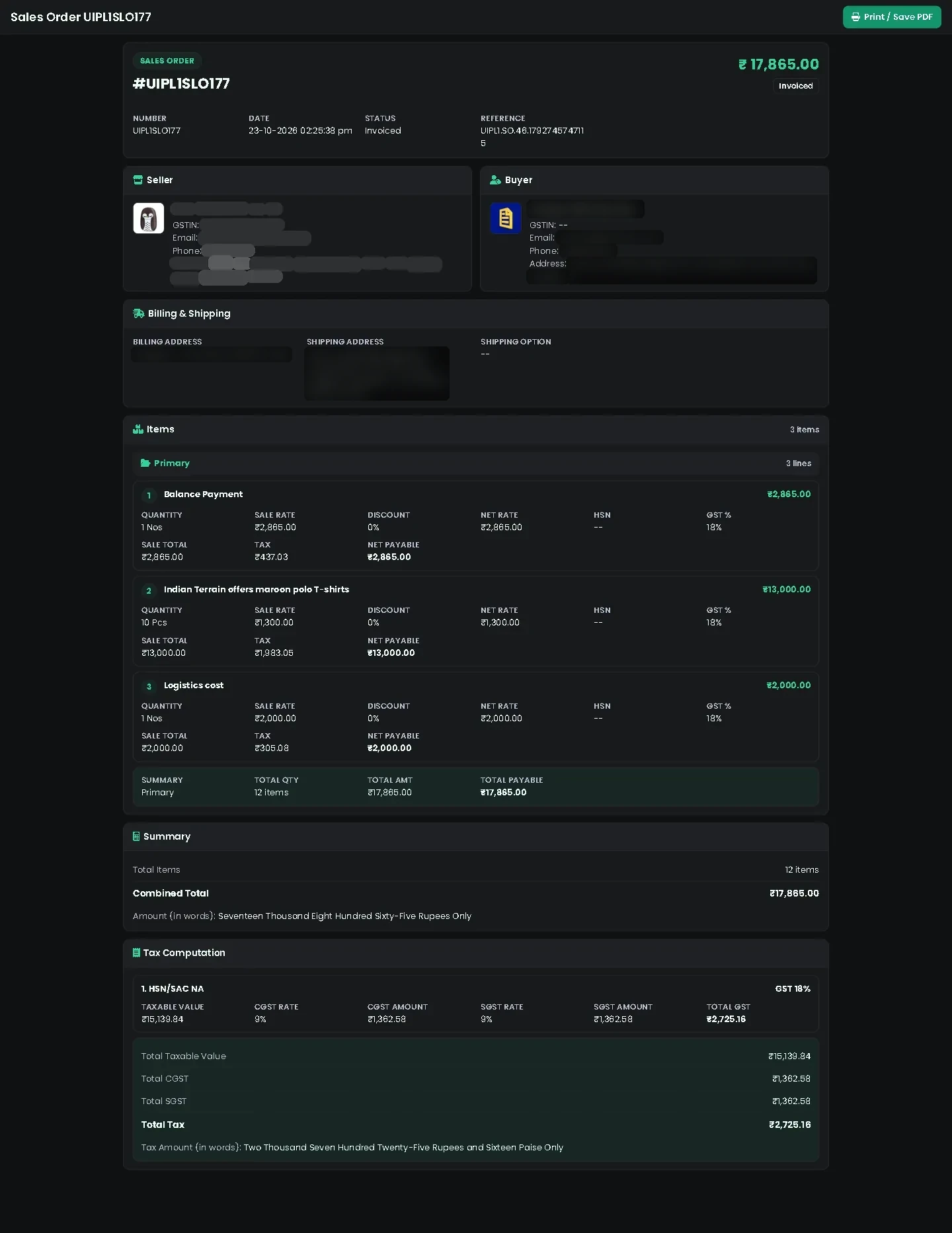 Full order document with buyer, items, tax and totals