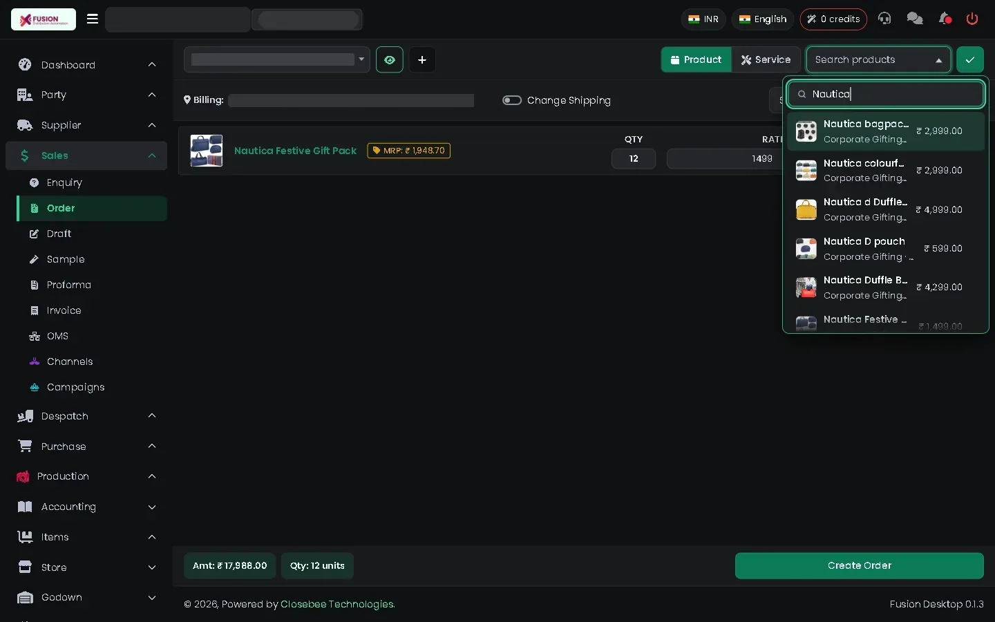 Product search list on a new order