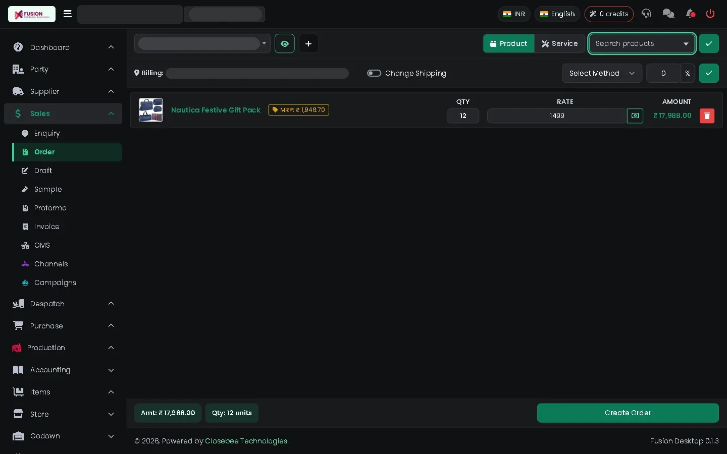 New order with party, item, quantity and rate filled in