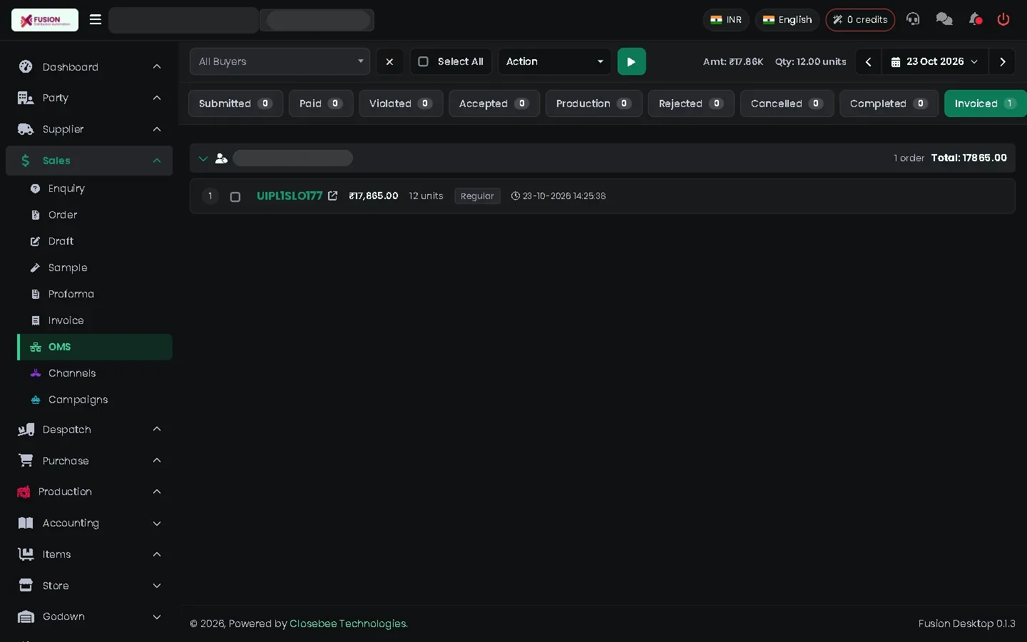 OMS Invoiced tab with orders