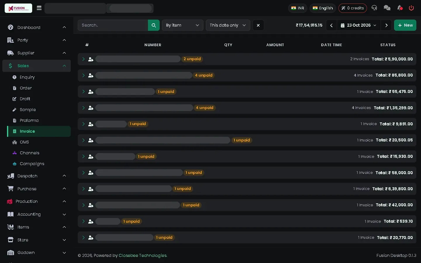 Sales invoices by party with unpaid counts