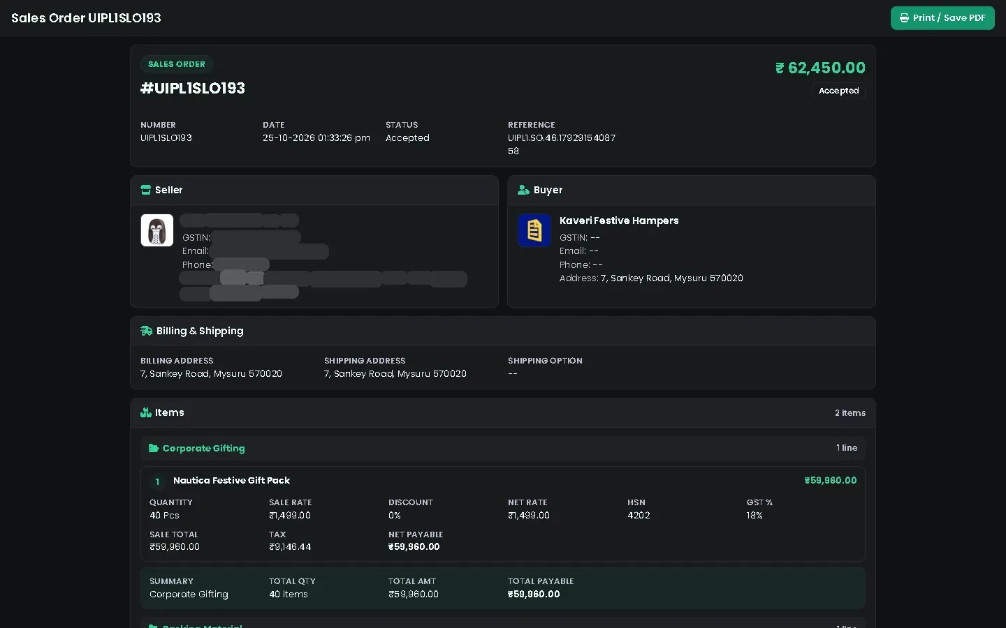 Accepted order with buyer, items and totals