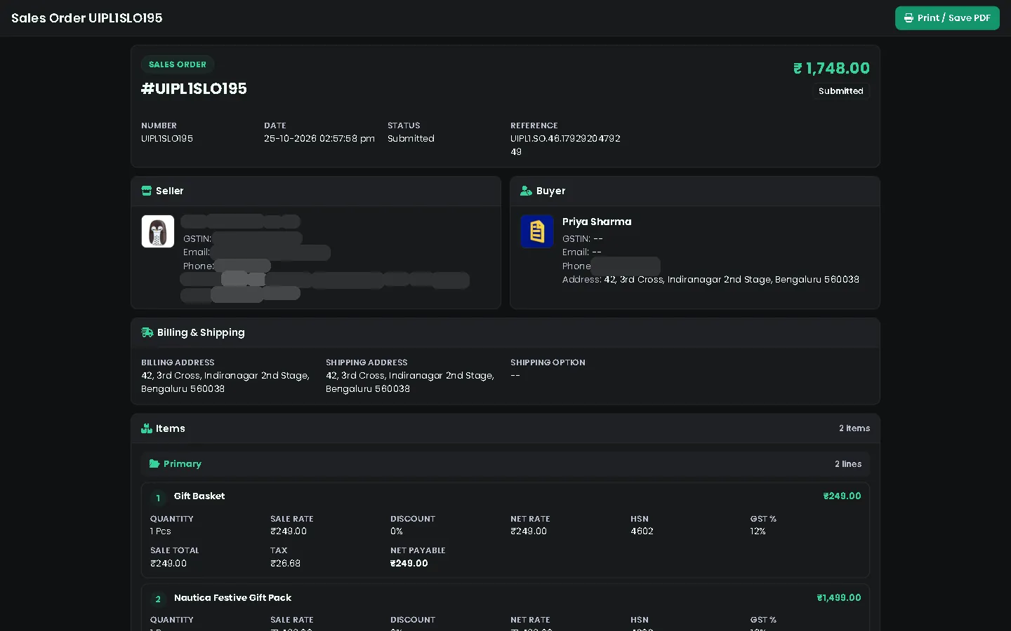 Store order with buyer, address, items and totals