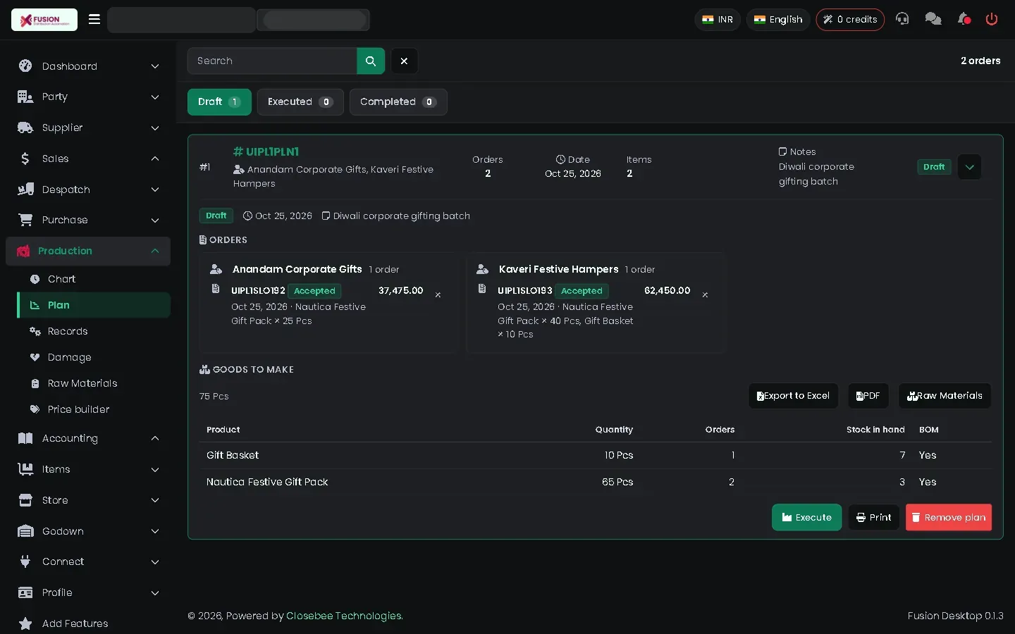 Plan panel with orders, products and components