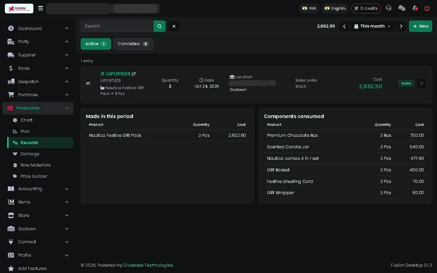Production record with its details panel open