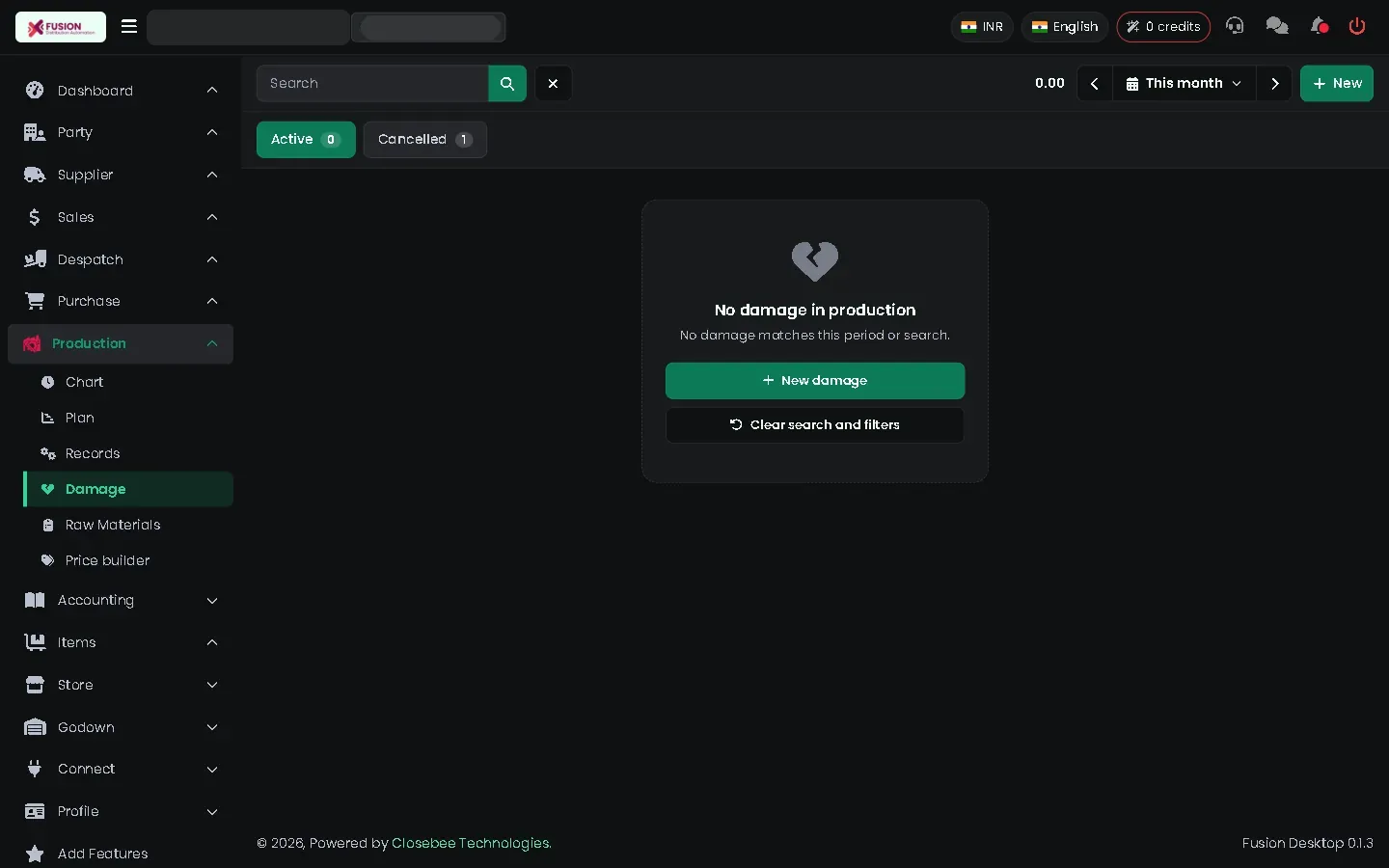 Damage list with Active and Cancelled tabs