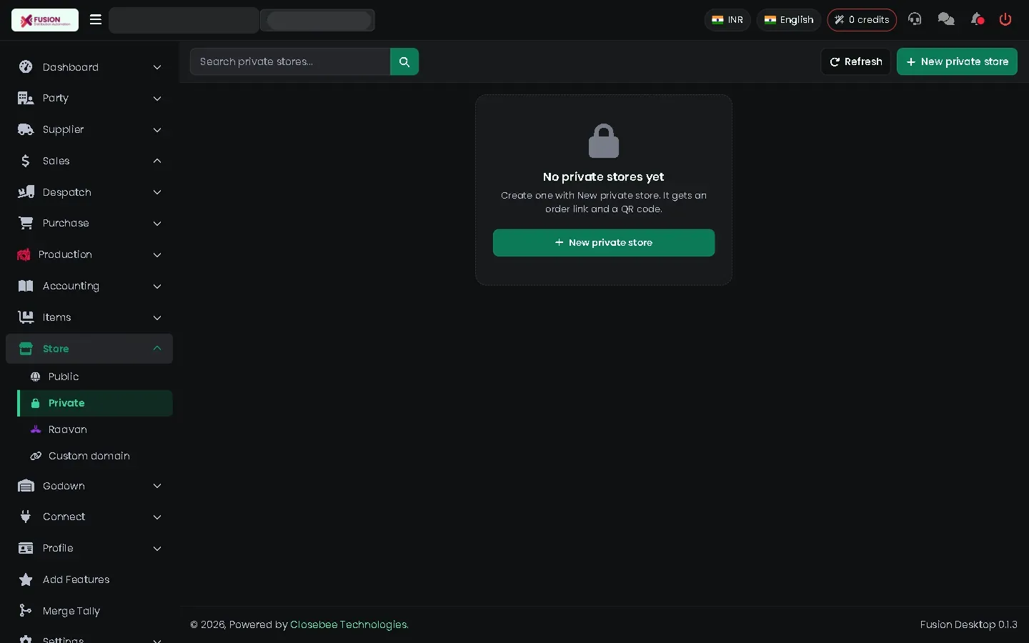 Private stores page with the New private store button