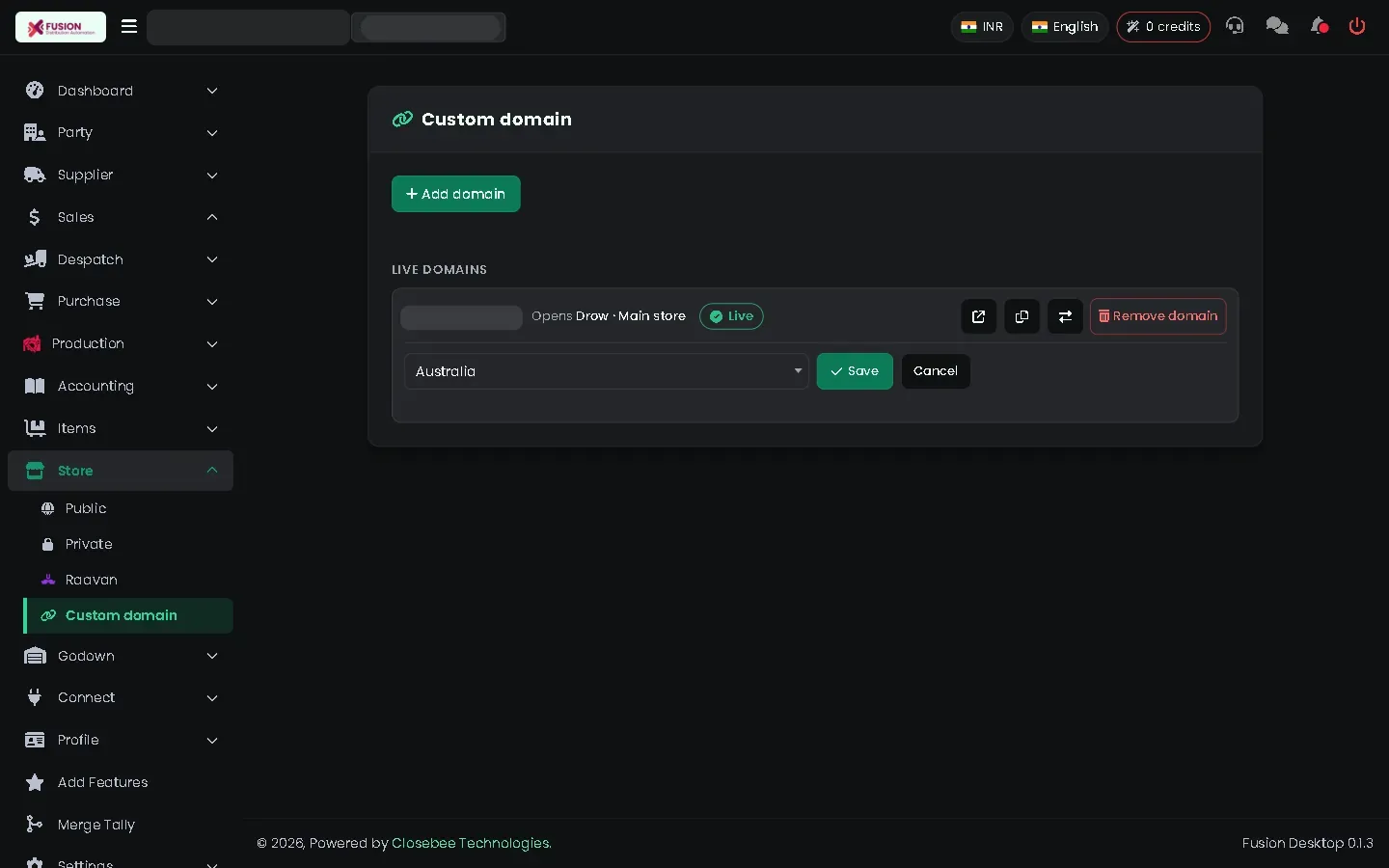 Change store dialog for the custom domain