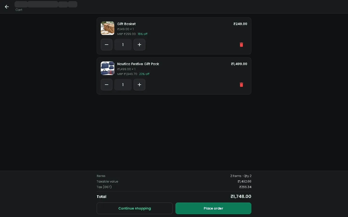 Cart with items, tax and total