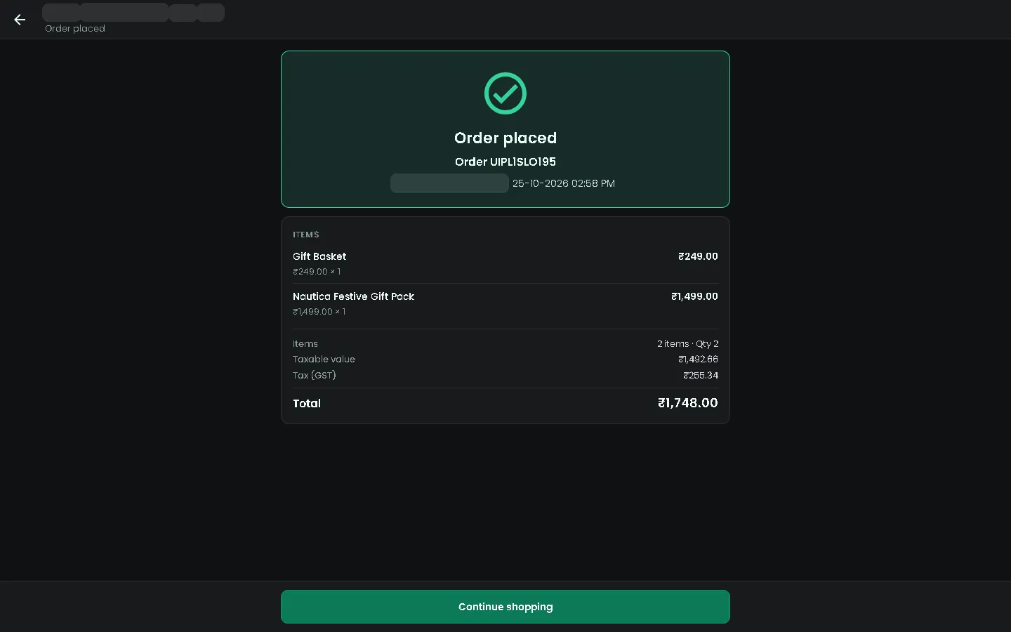Order confirmation with order number and total
