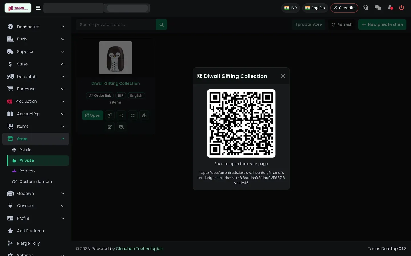QR code and order link for a private store