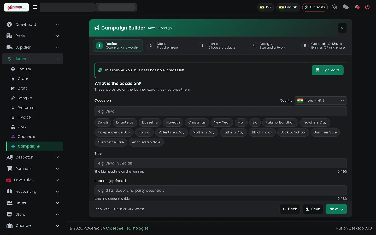 Campaign Builder at step 1 with five steps across the top