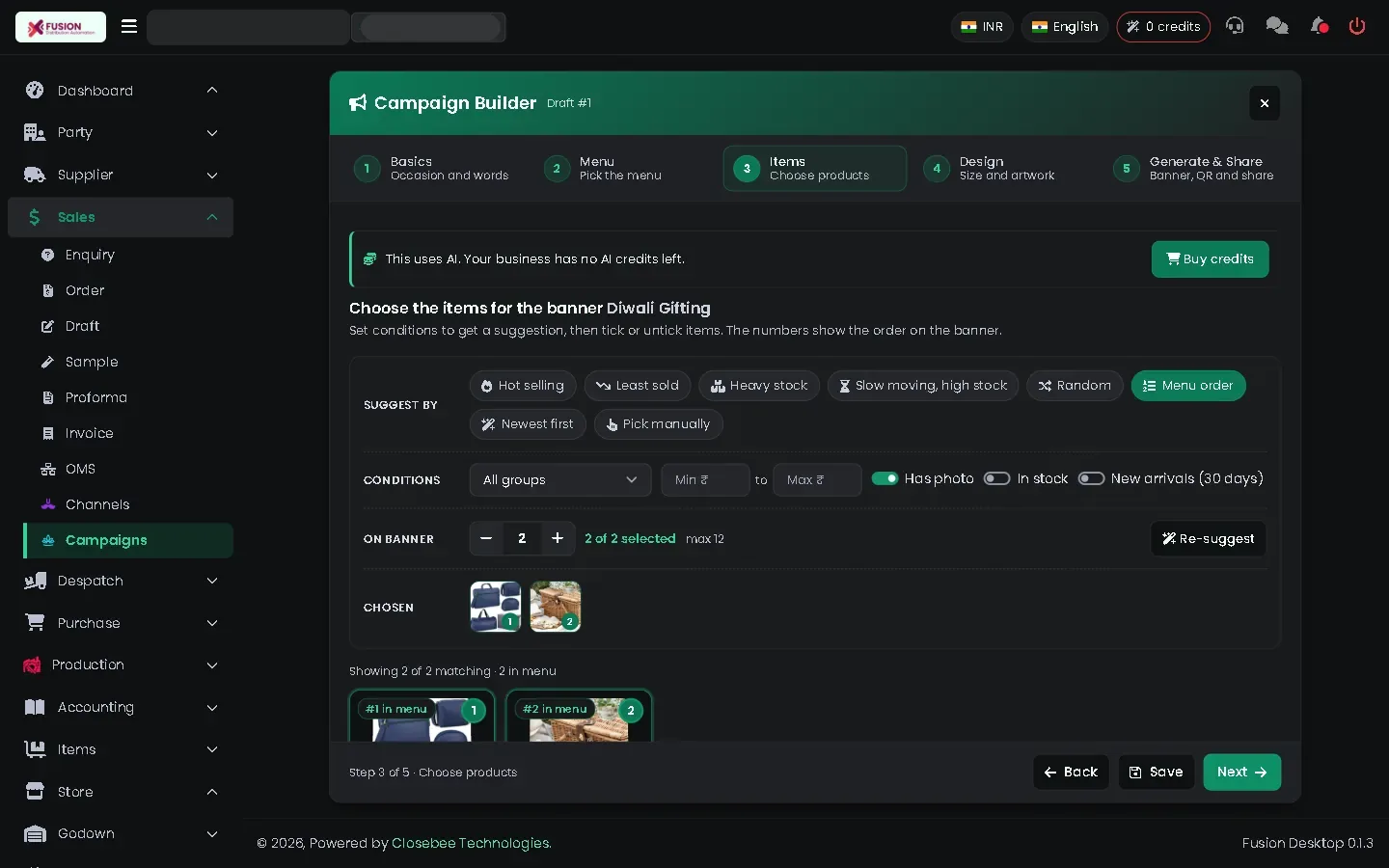 Items step with products and prices